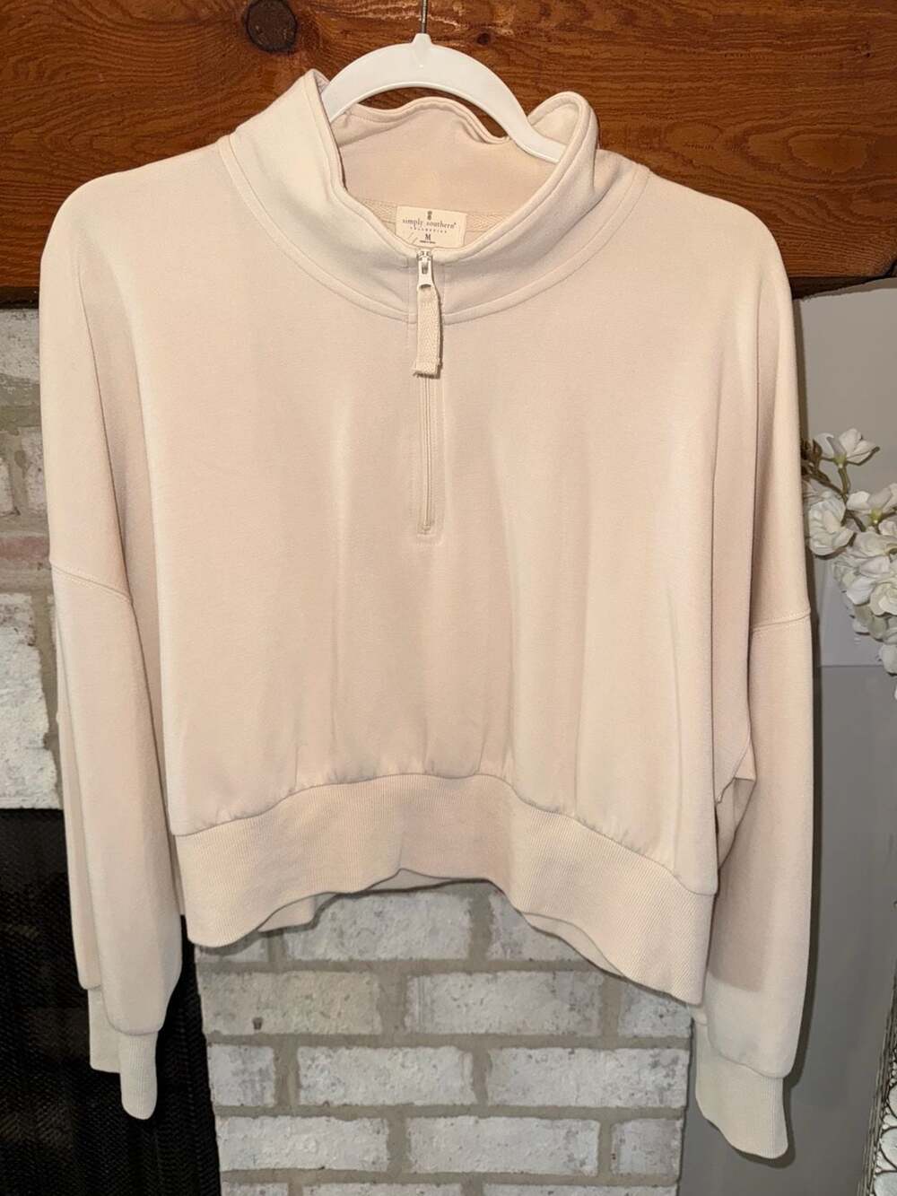 Simply Southern Half-Zip Pullover Sweatshirt Size M Beige Cropped